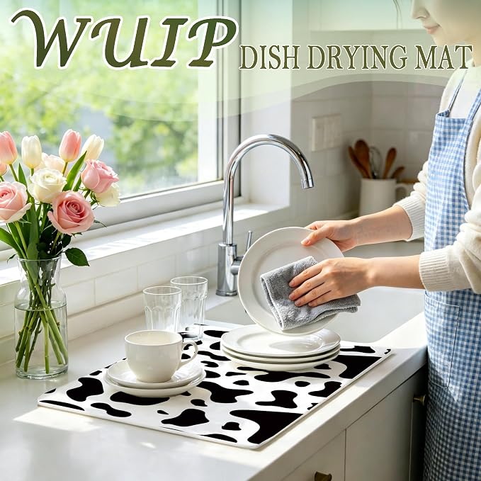 Cow Print Dish Drying Mats for Kitchen Counter, Black and White Cow Animal Print Absorbent Reversible Coffee Bar Mat Drying Pad for Kitchen Decor, 12x15 Inch