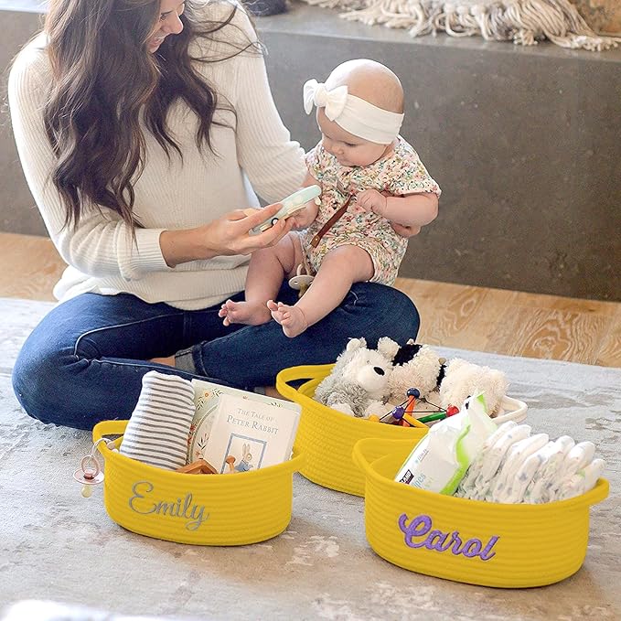 HUTARIO Personalized Yellow Basket Embroidered Name with Gift Bags and Ribbons,Small Rope Woven Baske Empty，Durable Storage Custom Basket with Handles for Baby Showers or Birthday,12"×8"×5"