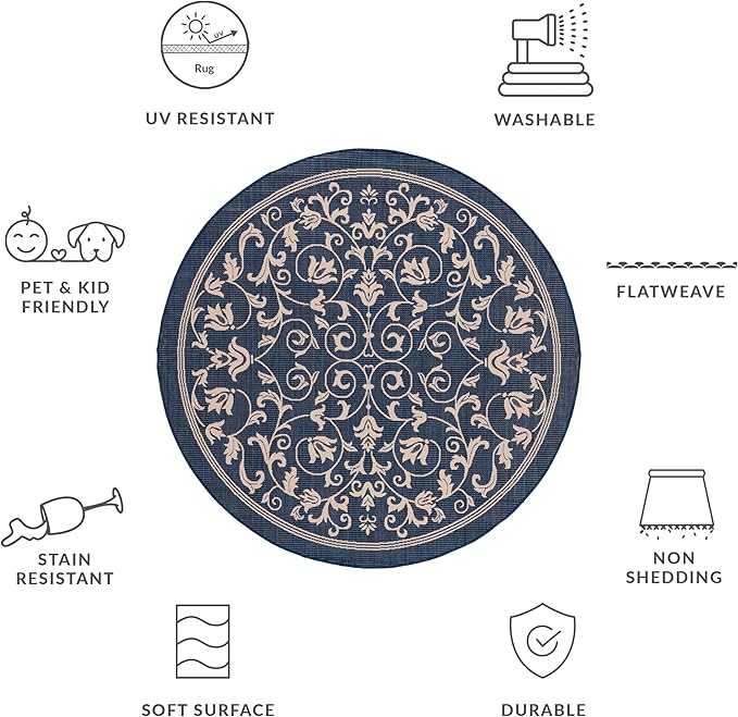SAFAVIEH Washable Rug Outdoor Courtyard Collection - 6'7" Round, Navy & Beige, Non-Shedding & Easy Cleaning, Ideal for Patio, Backyard, Mudroom (CY2098-268)