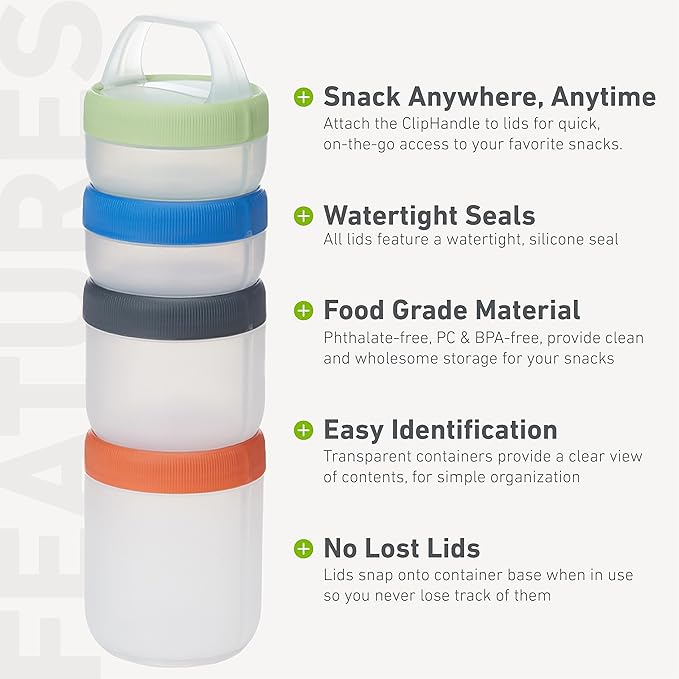 humangear STAX, Stackable Snack Containers - 4-Piece Leak-Proof Snack Travel System - FDA-Food Safe, BPA/PC/Phthalate-Free - Stackable & Click-Together Food Storage, Medium