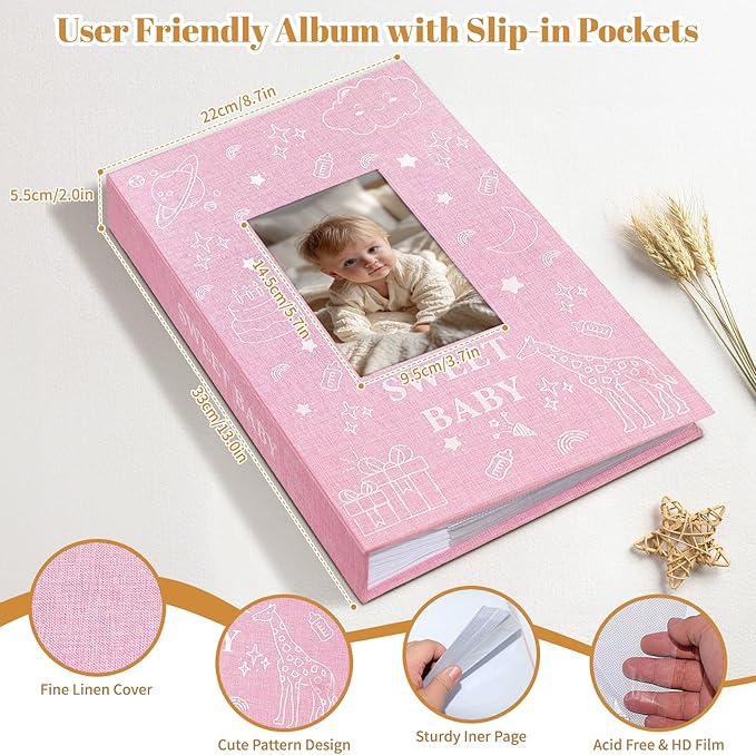 Baby Photo Album 4x6 300 Pockets with Memo Area & Hand and Footprint Kit, Linen Cover Slip-in Memory Book with Front Window, Acid-Free Keepsake for Newborn Boy Girl, First Year Moments
