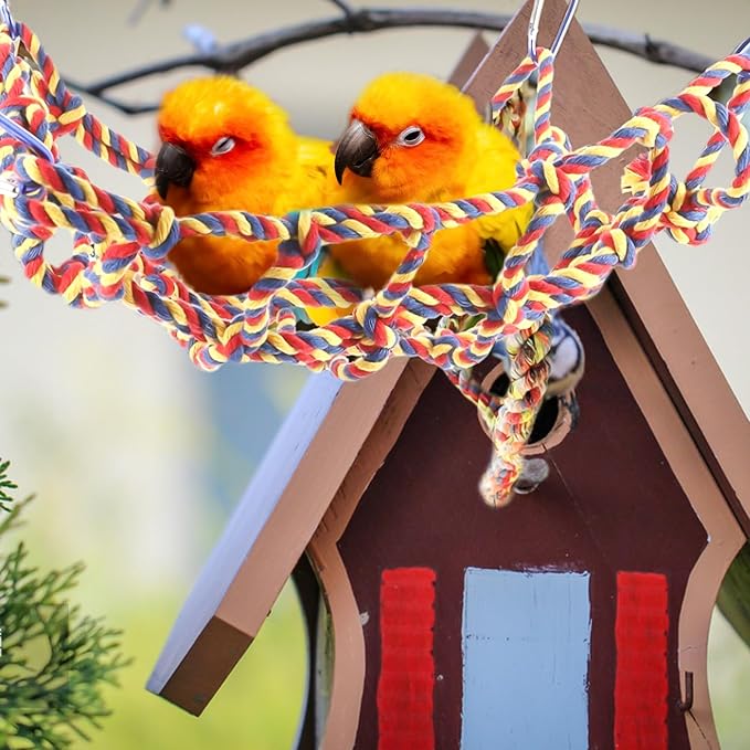 2 Pcs Rat Climbing Ropes for Cage Accessories - Bird Rope Rat Toys - 12.6 x 9.84 inch Hammock - Cotton Rope Bridge - Bird Ladder with 4 Silver Hooks