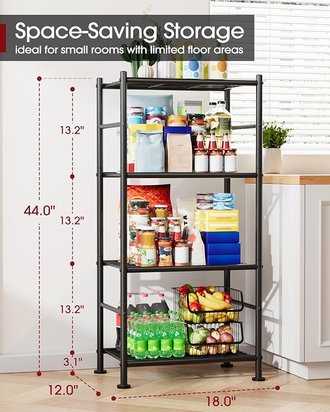 Storage Shelves - 4 Tier Shelf Organizer, Sturdy Metal Garage Shelving with Adjustable Leveling Feet, Space-Saving Shelves Organizer for Pantry, Laundry, Kitchen (18" x 12" x 44", Black)
