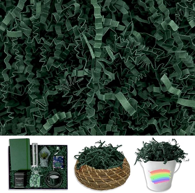 Crinkle Cut Paper Shred Filler, 2 LB Dark Green Basket Filler Shredded Paper, Confetti Stuffing for Basket Filling, Halloween, Thanksgiving, Christmas, Birthdays, Gift Wrapping, Stuffer Party Supplies