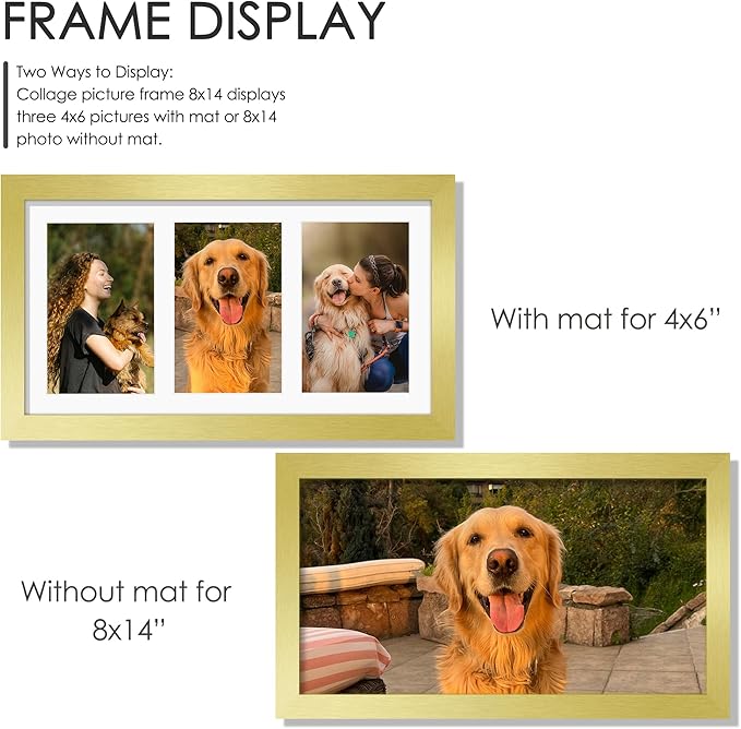 8x14 Collage Picture Frame 4x6 Collage Picture Frame Displays Three 4x6 inch Photos or 8x14 (Without Mat) for Available Horizontal Wall Mounting Display and Vertical Gold