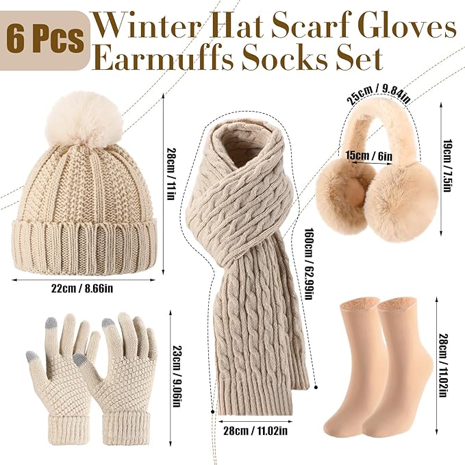 Geyoga 6 Pcs Winter Warm Set for Women Warm Beanies Hats Touchscreen Gloves Long Scarf Ear Muffs Socks Winter Gifts for Women
