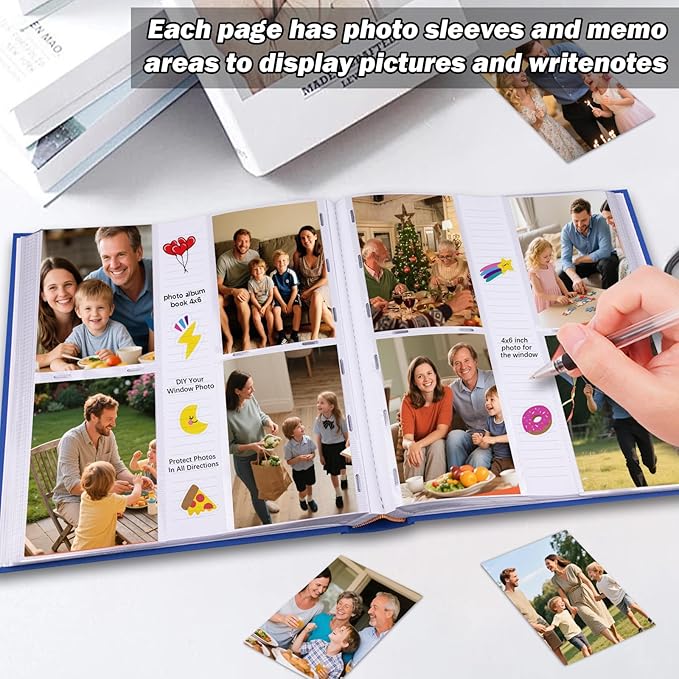 Photo Album 4x6 600 Photos with Writing Space Linen Cover with Front Window Picture Album, 600 Photos 4x6 Photo Album Book for Wedding Kids Travel Family Baby Pictures (Blue)