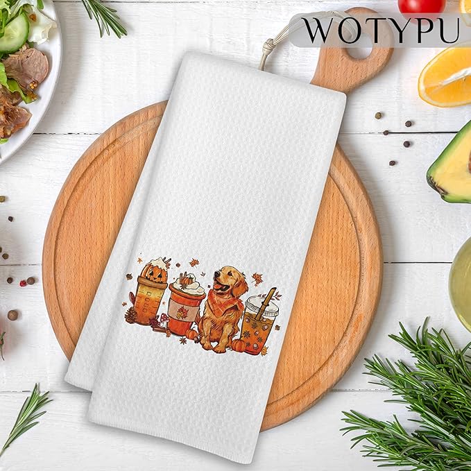 Fall Golden Retriever Coffee Kitchen Towels, Fall Halloween Pumpkin Coffee Dish Tea Towel for Kitchen, Farmhouse Autumn Maple Leaf Pine Cone Hand Towels for Bathroom Decor, 16x24 Inch