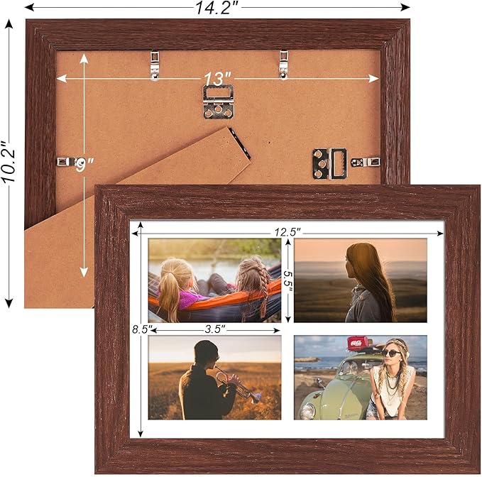 9x13 Picture Frame Display 4 opening 4X6 Picture Frame Collage,Multi Photo Frame with Mat,Plexiglass,Wall or Tabletop Decor,Walnut Wood Grain