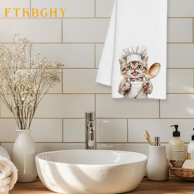 Funny Tabby Cat Chef Kitchen Towels, Cat Lover Mom Dad Gifts, Gifts for Chef, Funny Kitty Decorative Dish Hand Tea Towels for Kitchen Bakery, 16x24 Inch