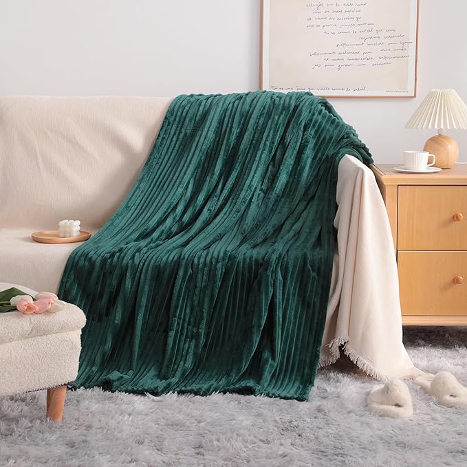 NTBAY Plush Flannel Twin Bed Blanket, 60x80 Inches Soft and Warm Lightweight Bed Blanket with Striped Texture for Couch, Sofa, All Seasons, Dark Green
