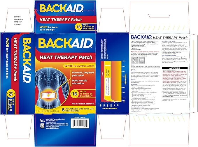 Backaid Heat Therapy Patch, Air-Activated Therapeutic Heat, Wide for Lower Back and Hip Pain Relief, 6 Count