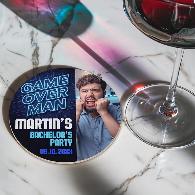 100 Pack Personalized Bachelor Party Coasters, Custom Cardboard Drink Coasters with Photo Print and Text, Fun Bachelor Party Favors and Gifts, 3.95" Round, Design 6