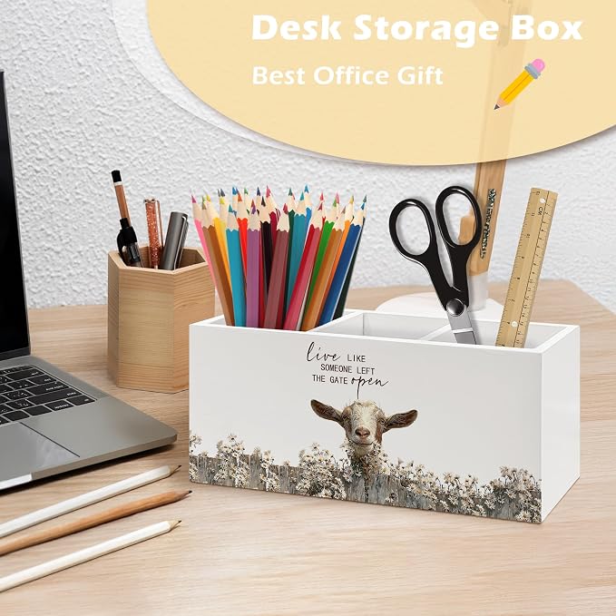 Rustic Goat Pen Holder Organizer, Farmhouse Gifts for Goat Lovers Women Desk Decor, Live Like Someone Left the Gate Open Wooden Pen Pencil Holders for Vintage Desk Accessories