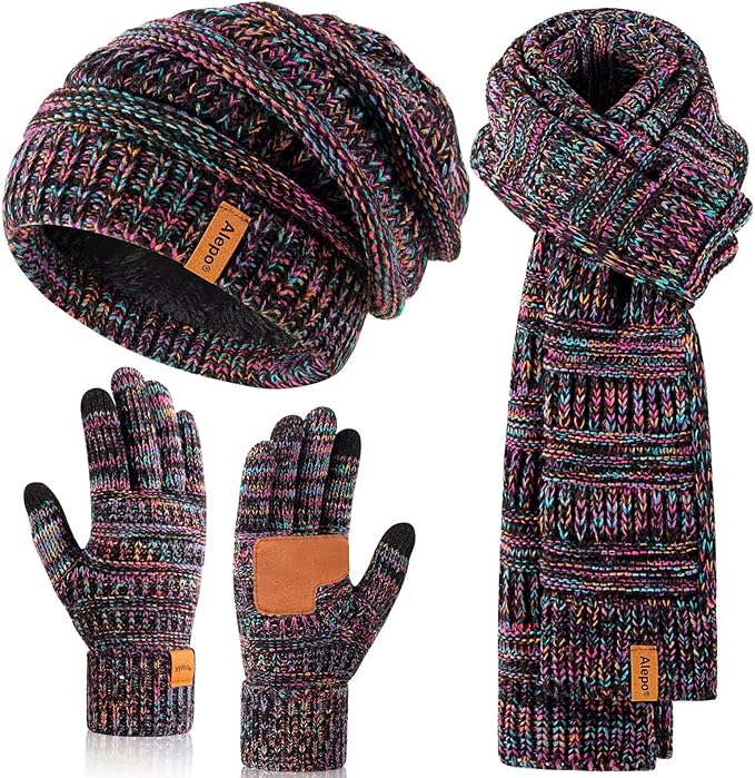 Winter Beanie Hat Scarf Gloves Set for Women, Slouchy Beanie Long Scarf Touchscreen Gloves, Warm 3 in 1 Christmas Gift Set