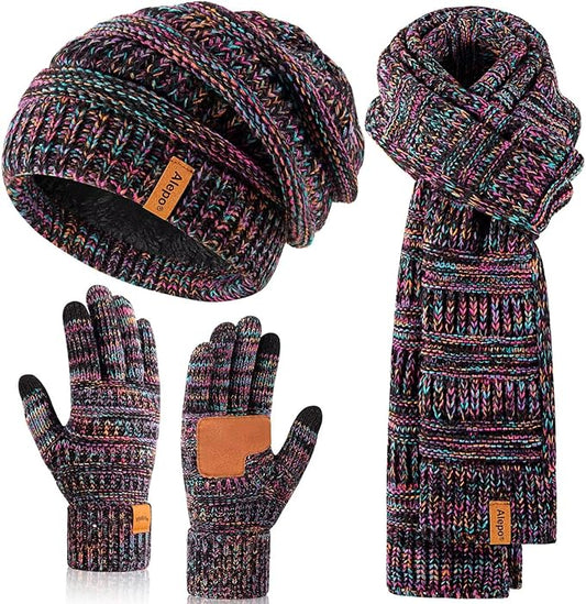Winter Beanie Hat Scarf Gloves Set for Women, Slouchy Beanie Long Scarf Touchscreen Gloves, Warm 3 in 1 Christmas Gift Set