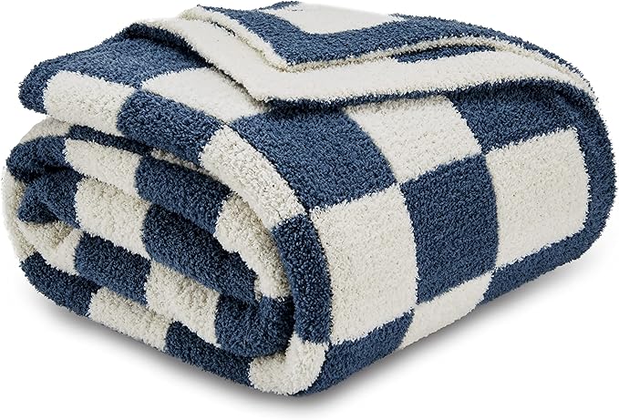 CozeCube Super Soft Fullfy Microfiber Reversible Knitted Blankets, Warm Cozy Fuzzy Plush Throw, Dusty Blue and White Checkered Throw Blanket for Couch Bed Sofa, 60" x 80"