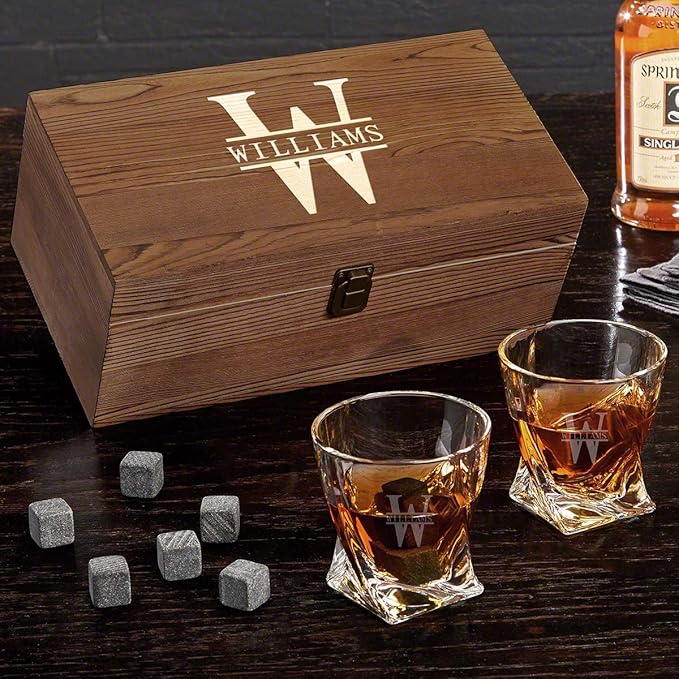 Personalized Whiskey Glasses – Custom Engraved Twist Whiskey Glass Set & Display Case with Whisky Stones by Home Wet Bar