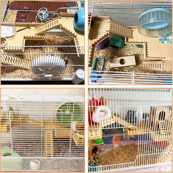 Fhiny 2-Tier Hanging Gerbil Climbing Platform with Ladder & Fence, Wooden Platform for Cage, Hamster Activity Playground Habitat Decor, Cage Accessories for Dwarf Hamster Gerbil Mice Rat Mouse