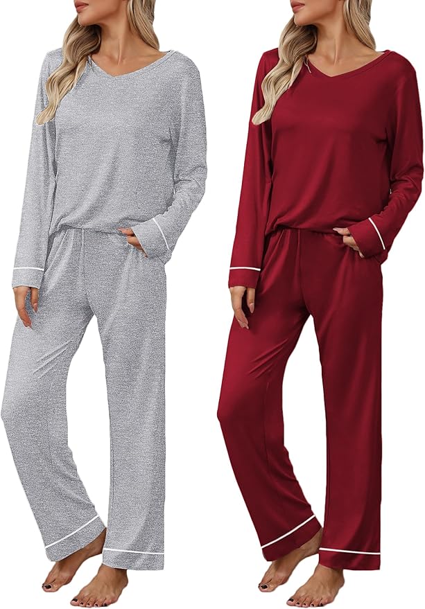 Ekouaer Womens 2 Pack Pajama Set Long Sleeve Pajamas Top and Pants V Neck Pjs Set Soft Loungewear with Pockets