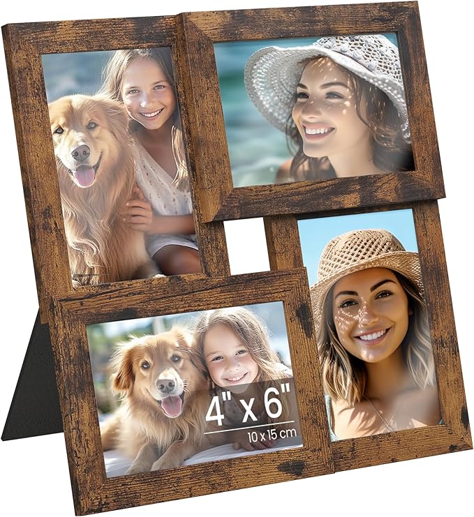 SONGMICS 4x6 Collage Picture Frames, Family Photo Collage Frame Set of 4 for Wall Decor, Glass Front, Wall Hanging or Tabletop, Rustic Brown URPF025X01