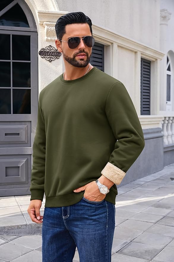 Boladeci Men's Full Sherpa Lined Crewneck Sweatshirts Heavy-weight Fleece Pullover Thick Thermal Long Sleeve Cotton