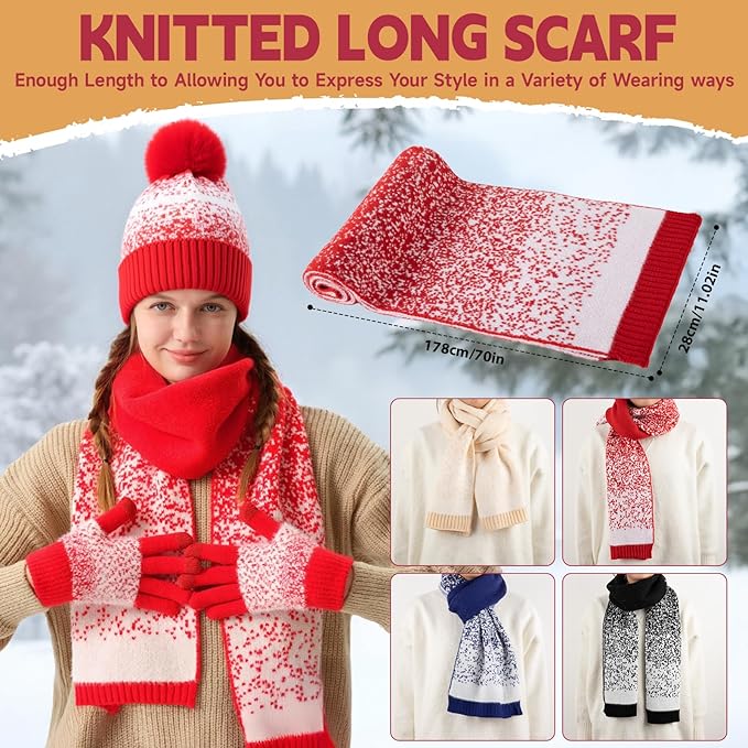 Womens Winter Beanie Hat Scarf Gloves Fuzzy Socks 4 In 1 Set Thermal Fleece Knitted Hat Warm Long Scarf Cold Weather
