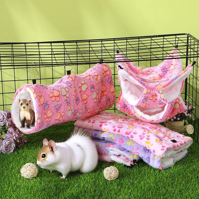 Sweetude 6 Pcs Hammock Tunnel Set for Small Pets,Dreamy,Paw | 3 Tier Hanging Hideout, Guinea Pig Hamster Chinchilla Ferret, Soft Plush Cage Accessories for Sleep Play and Rest