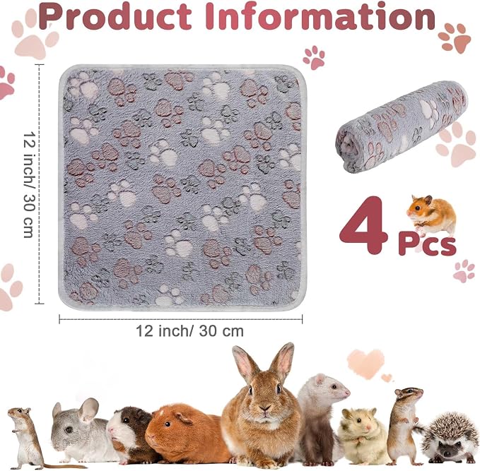 Reginary 4 Pcs Guinea Pig Fleece Blankets, Adorable Paw, 12 x 12 Inch | Waterproof Washable Cage Liners, Absorbent Double Layer Bedding for Guinea Pigs, Reusable Pads for Hamsters Rabbits