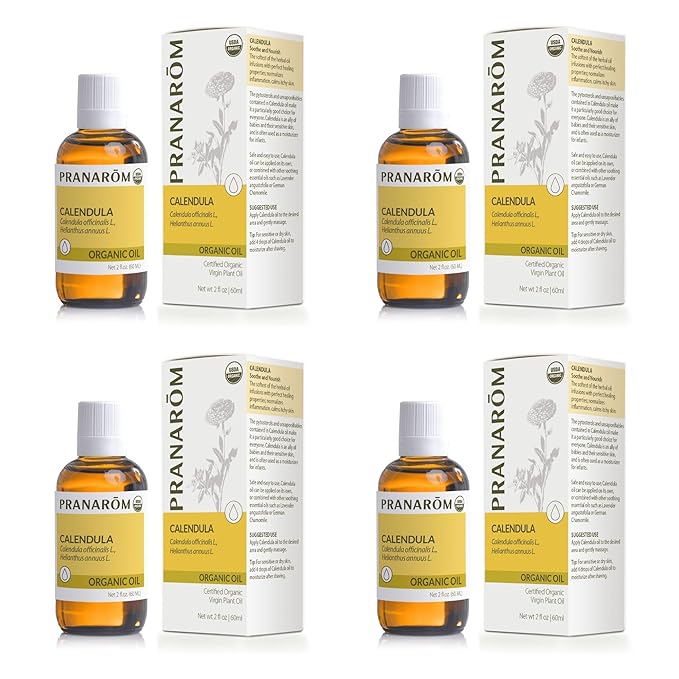 Pranarom - 4 Pack - USDA Certified Organic French Calendula Virgin Plant Oil - 2 fl oz Glass Bottle - Gentle Soothing Oil for Sensitive Skin, Moisturizer