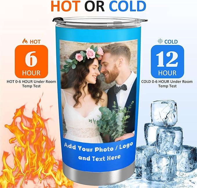 Personalized Coffee Tumbler with Pictures Text Logo Name, Custom Stainless Steel Tumbler with Lid and Straw, Customized Coffee Travel Mug Cups, 20oz Water Cups Birthday Gifts for Women Men Office Car