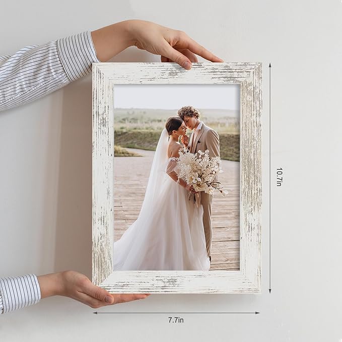 6x9 Picture Frame Set of 4, Made of Real Glass and Distressed White Wooden Frame - 6 by 9 Photo for Wall or Tabletop Display