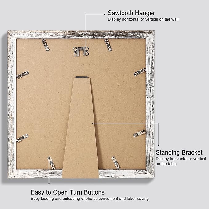 12x12 Picture Frame Set of 4 - Made of Glass and Distressed White Wooden Frame, Display Square Pictures 10x10 with Mat or 12 x 12 without Mat, Desktop & Wall Collage Photo Frame