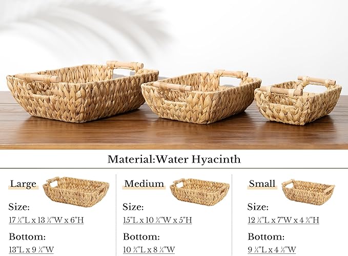 StorageWorks Hand-Woven Jumbo Storage Baskets with Wooden Handles, Water Hyacinth Wicker Baskets for Organizing, 2 Pack