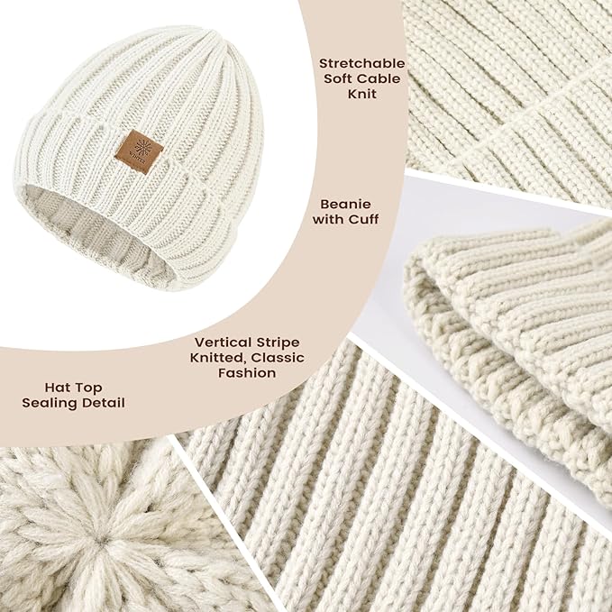 Women Winter Hat Beanie+Long Scarf+Touch Screen Gloves Set, Warm Clothes Set with Knit Fleece Lined for Women/Men Winter