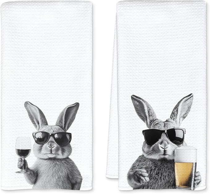 Funny Bunny Kitchen Towels Set of 2, Funny Kitchen Decor, Wine Station Wine Bar Decor, Black and White Bunny Owner Gift Hand Towel, Dining Room Decorative Tea Towel Dish Towels 16x24 Inch