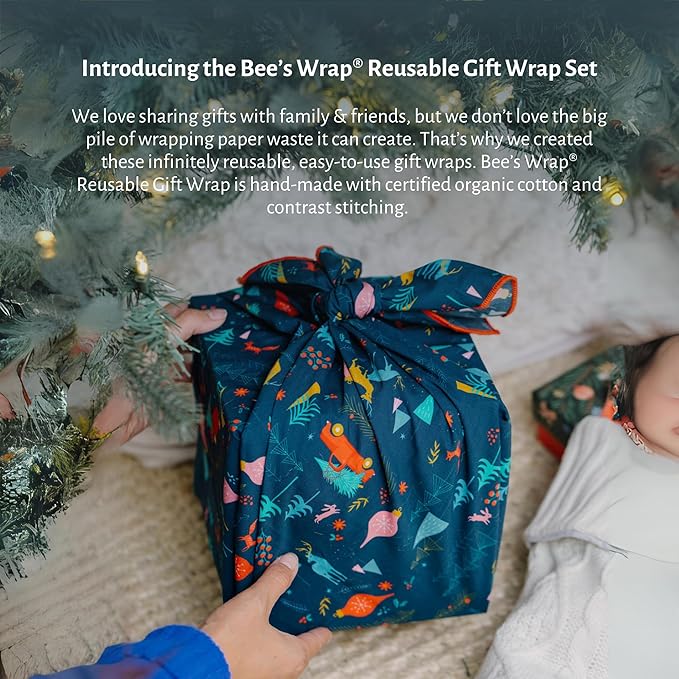 Bee's Wrap Reusable Organic Cotton Fabric Wrapping Paper, Eco Friendly Furoshiki Gift Wrap, Set of 4 Fabric Wraps, Winter Wonderland
