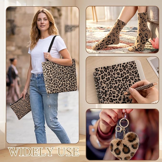 Talltalk 6 Pcs Leopard Gifts for Women Leopard Print Gift Set, Socks Canvas Bag Makeup Bag Spiral Notebook Ballpoint Pen and Artificial Fur Keychain for Christmas Birthday Graduation Thanksgiving
