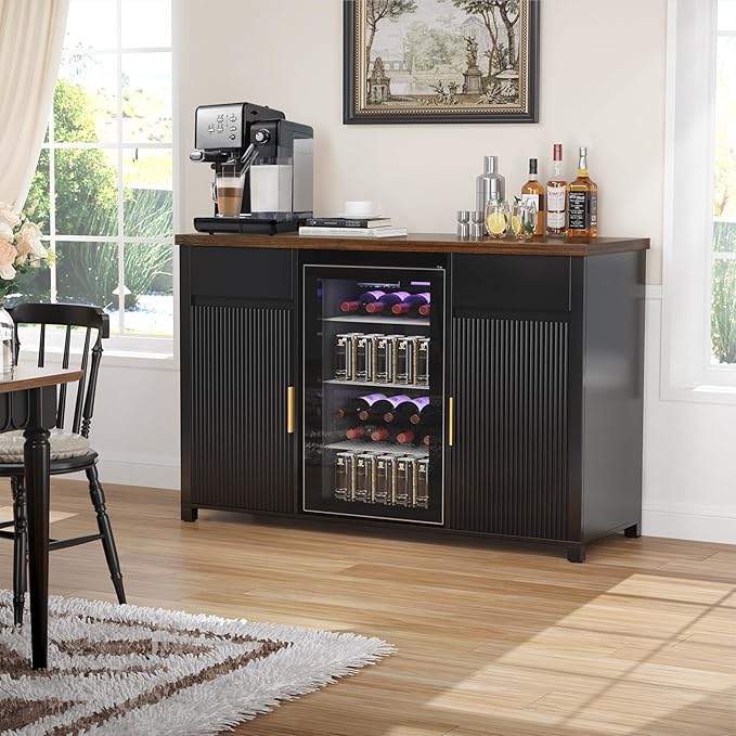 GDLF Large Coffee Bar Cabinet with Fridge Space, Mini Fridge Cabinet with Wine Storage, Buffet Sideboard Table for Home, Fluted Modern Design,53.2" L