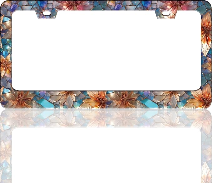 Beautiful Glass Flowers License Plate Frame Floral License Plate Holder | Stainless Steel For Front And Rear Car Tags Funny For Car Decoration Accessories With Screws 6.3 X 12.2 In For Women Men