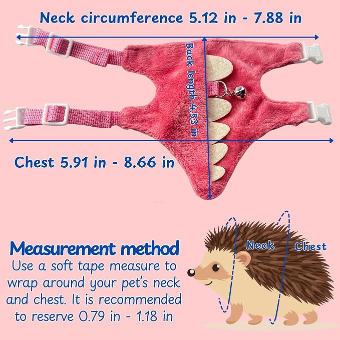Hedgehog Leash and Harness Clothes Accessories, Adjustable Leash and Harness with Safe Bell, Dinosaur Shaped Outfit, Hamster Clothes For Ferret Hamster, Hedgehog Accessories, Guinea Pig Outfits (Pink)