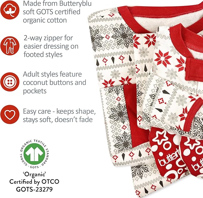 JAMIE Matching Family Jammies Holiday Pajamas 100% Organic Cotton PJs Adults, Kids, Toddlers, Baby, Pets