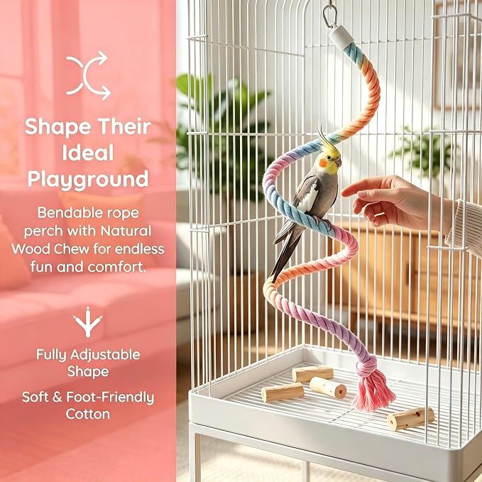 Bendable Parrot Rope Perch with Wood Chew for Parakeet Cockatiel | Soft twisted cotton rope, natural wood chew blocks, bendable design, beak trimming, fits standard wire bird cages