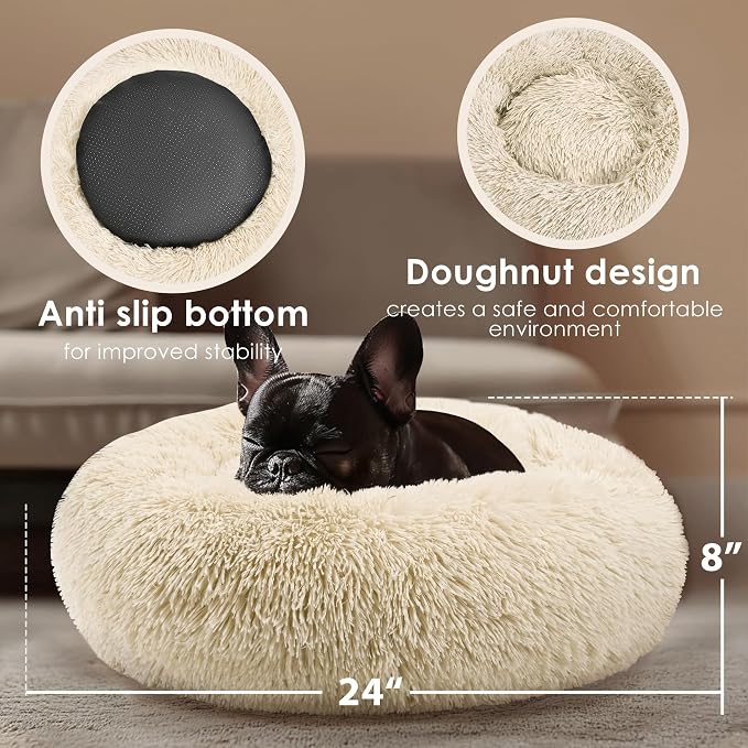 Dogs Bed for Small Dogs, Anti-Anxiety Washable Round Bed (Light Brown, 24.0" L x 24.0" W x 8.0" Th)