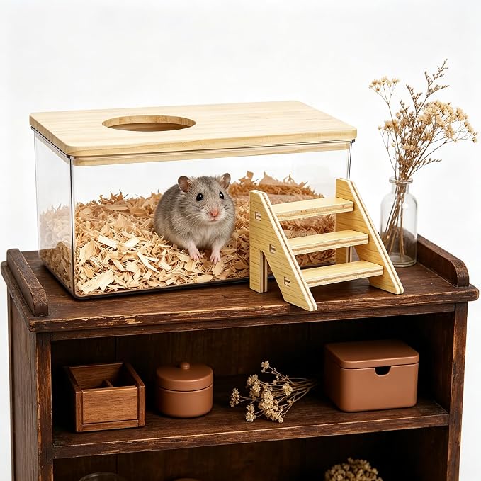 Hamster Sand Bath Box with Wood Cover and Ladder - Rectangle Clear Digging Container - Multifunctional Bathroom for Small Animals for Home and offic