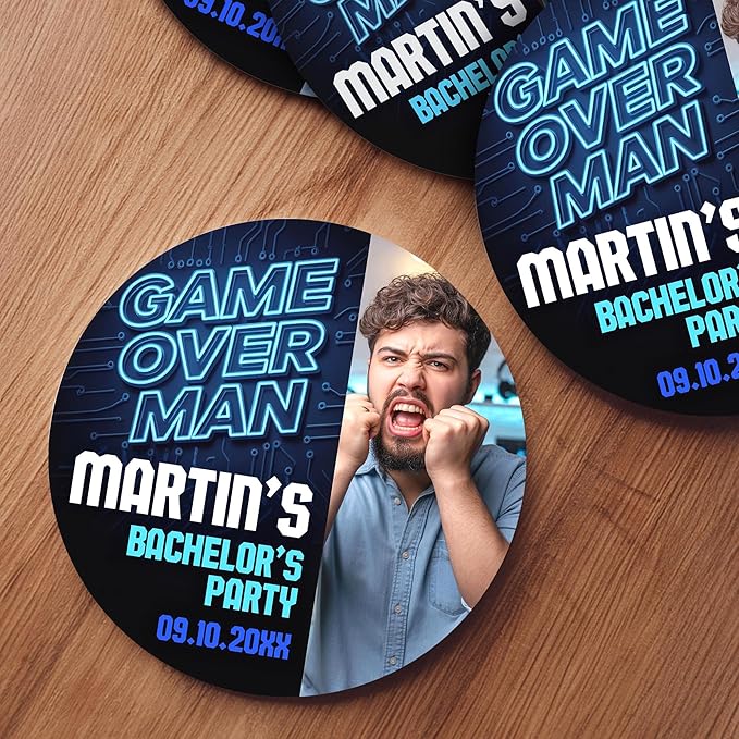 100 Pack Personalized Bachelor Party Coasters, Custom Cardboard Drink Coasters with Photo Print and Text, Fun Bachelor Party Favors and Gifts, 3.95" Round, Design 6
