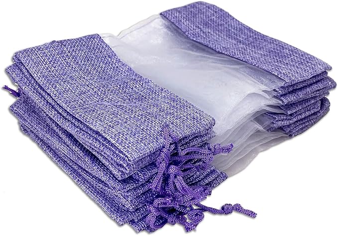 48-Pack X-Large Linen Burlap & Organza Gift Bags w. Drawstrings (7.5x11.5 in, Lavender) - Party Favors, Presents, Samples & Treats Mesh Pouch by The Display Guys