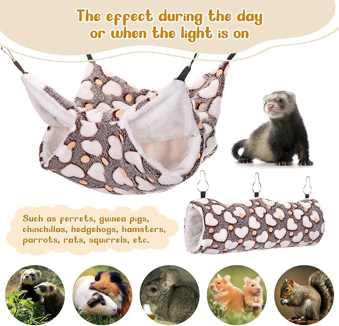 Noctilucent Luminous Brown Guinea Pig Rat Hammock Bunkbed Hanging Tunnel | Mogoko Hanging Soft Bed Mat for Ferret Hedgehog Squirrel Hideout Cage Accessories (Tunnel and Bunkbed Hammock)