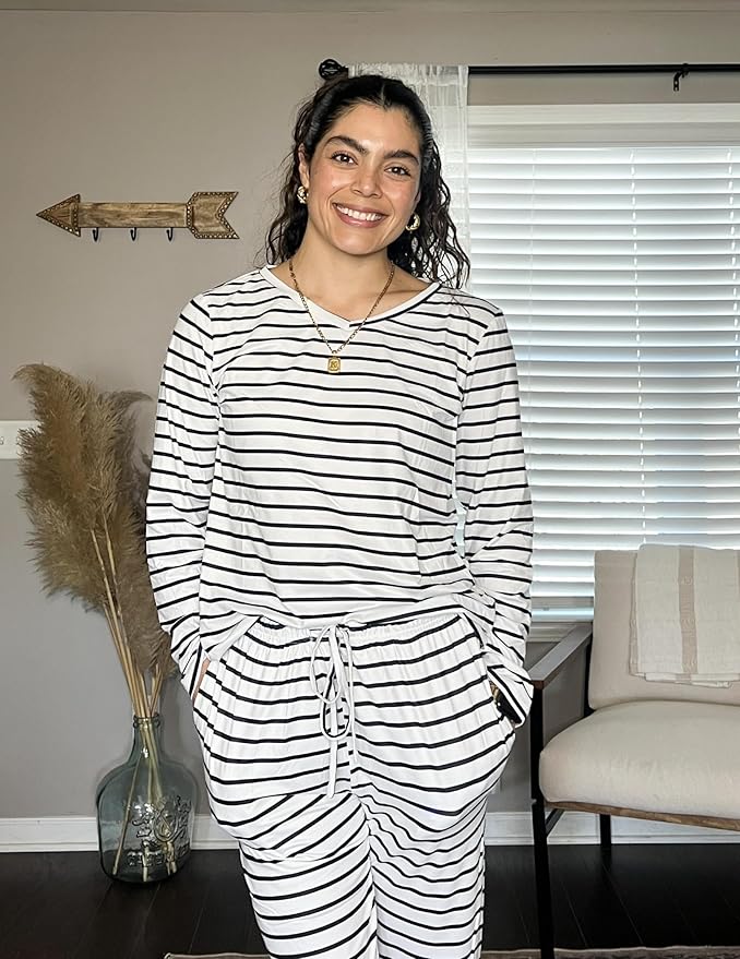 Ekouaer Womens 2 Pack Pajama Set Long Sleeve Pajamas Top and Pants V Neck Pjs Set Soft Loungewear with Pockets