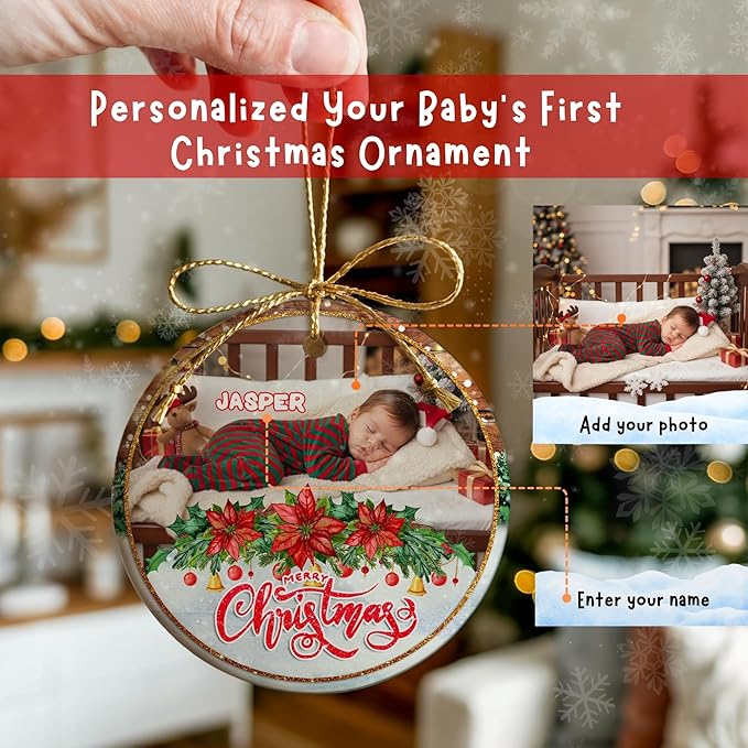 Personalized Baby's First Christmas Ornament 2025 Personalized My First Christmas Ornaments Picture & Name Gift for New Mom, Dad, Grandson or Granddaughter Christmas Tree Keepsake Gift